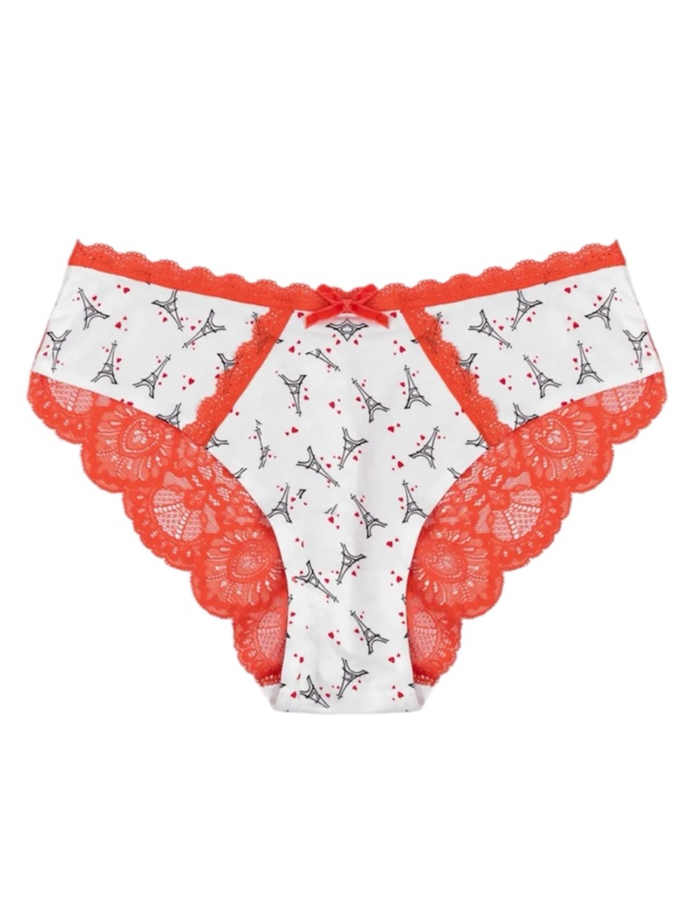 Women's Eiffel Print Lace Trim Bikini Panty - White & Red